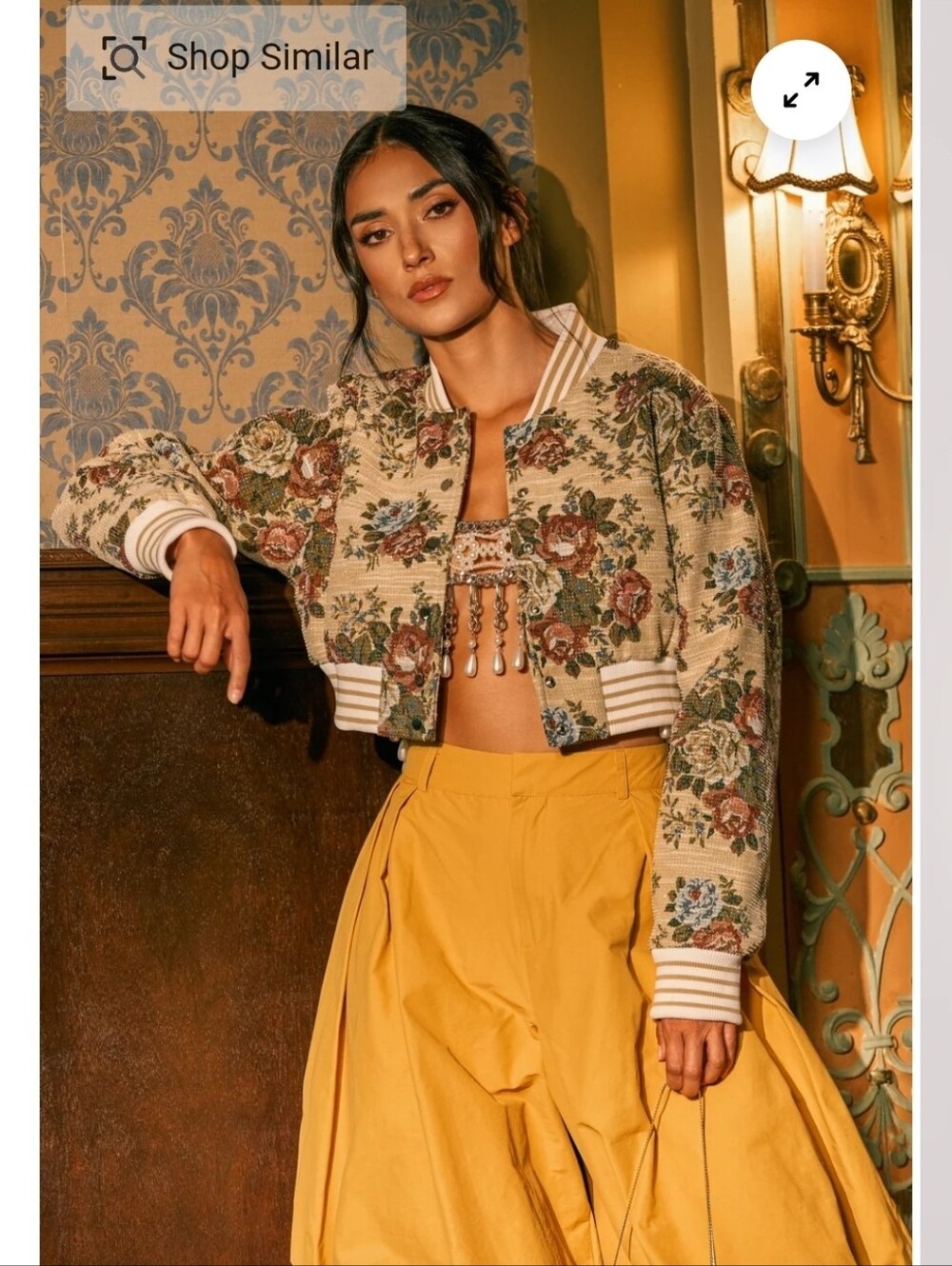 AKIRA Beige Floral Cropped Bomber Jacket
